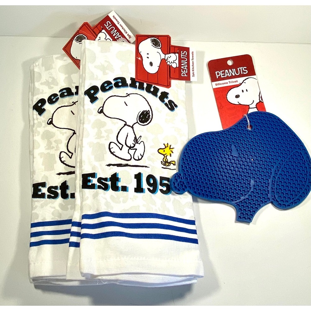Snoopy Peanuts Kitchen Towels 4pk Silicone Trivet Set Blue White Woodstock NEW